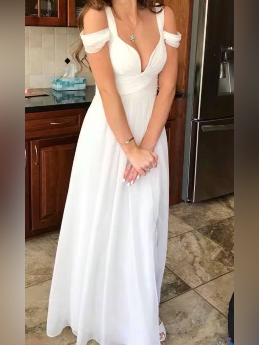 Lulu's White Off-Shoulder Maxi Dress with V-Neck
